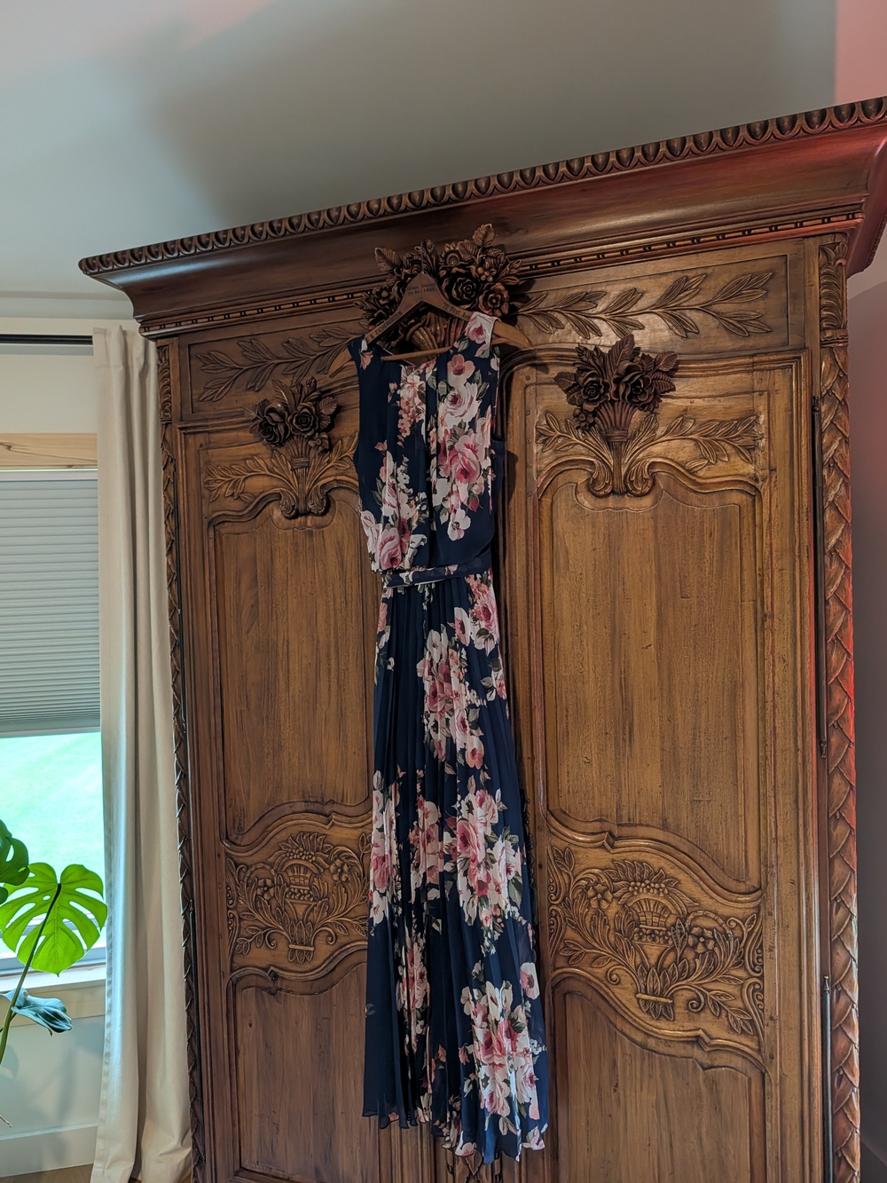 Navy Floral Maxi Dress with Pink Bloom Print